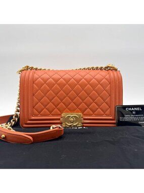 Chanel Large Shoulder Bag Boy CC Logo Gold Orange Leather with Shield Chain